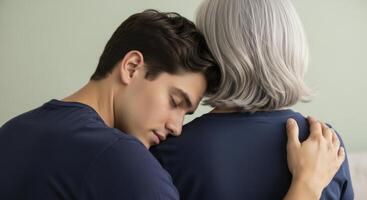 Adult son comforting his gray haired mother with a tender embrace and support photo