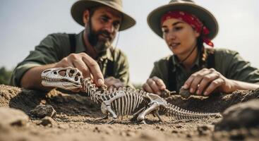 Two paleontologists meticulously studying a dinosaur skeleton model in a sandy excavation site photo