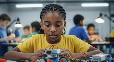 Young african american girl focused on robotics and STEM project in classroom photo