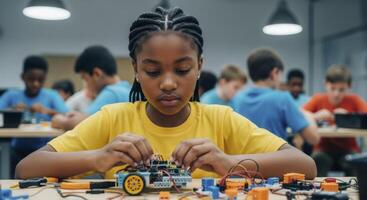 Concentrated african american girl building a robot with electronic components in a STEM classroom photo