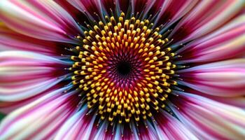 close up view of a blanket flower with vibrant red and yellow rings radiating outward. photo
