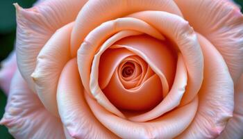 close up view of a peach colored rose with velvety petals unfolding in elegant spirals. photo