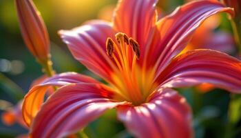 close up view of a fire lily glowing in orange red hues with warm afternoon light. photo