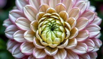 close up view of a ranunculus flower with densely layered petals spiraling towards its center. photo