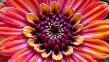 close up view of a bright zinnia with concentric rings of colorful petals in vibrant summer tones. photo