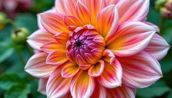 close up view of a dahlia bloom in high detail, displaying a complex petal arrangement. photo