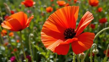 close up view of a wild poppy swaying in the breeze, its red petals semi translucent in sunlight. photo