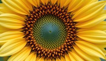 close up view of a sunflower center filled with seeds in fibonacci spiral formation. photo
