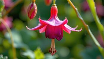 close up view of a columbine flower hanging delicately like a lantern with curled petals. photo