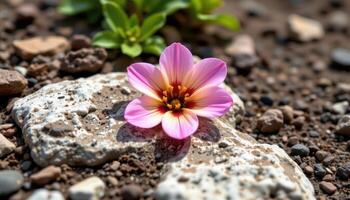 close up view of a small rock garden bloom with detailed texture and earthy surroundings. photo