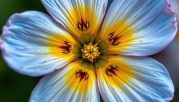 close up view of a forget me not flower with tiny sky blue petals and a bright yellow center. photo