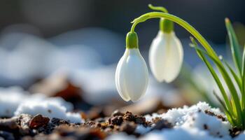 close up view of a snowdrop flower arching toward the earth with translucent white petals. photo