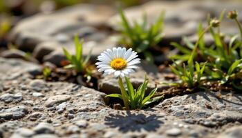 close up view of a wild daisy growing from a crack in the stone, standing in bright sunlight. photo