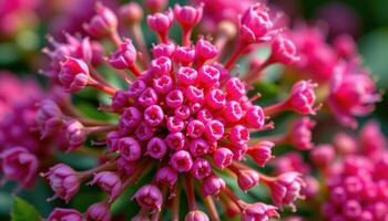 close up view of a globe amaranth bloom with compact round clusters glowing in magenta. photo
