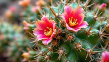 close up view of a desert cactus flower with vibrant blooms contrasting against spiky textures. photo