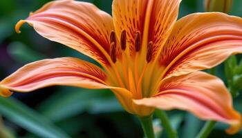 close up view of a tiger lily with speckled orange petals arching backward in dramatic fashion. photo