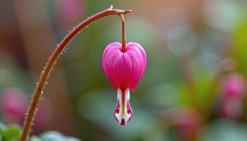 close up view of a bleeding heart flower hanging delicately from its curved stem. photo