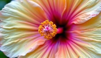 close up view of a hibiscus flower with wide open petals and a prominent central stamen. photo
