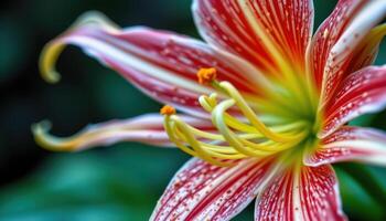 close up view of a spider lily with long curling filaments radiating from the flower center. photo