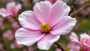 close up view of a pink dogwood blossom with soft white to pink gradient on each petal. photo