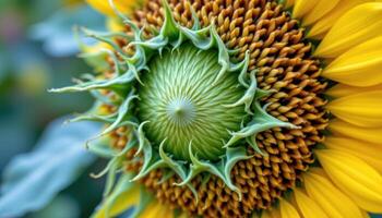 close up view of a garden sunflower just before blooming, with tight spirals and subtle texture. photo
