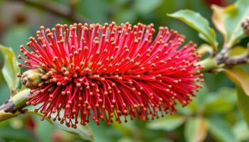 close up view of a bottlebrush flower with dense red stamens creating a cylindrical shape. photo
