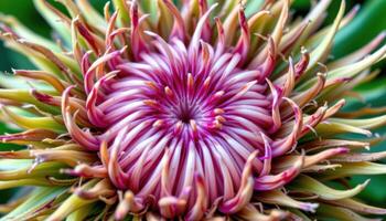 close up view of a thistle bloom showing both spiky and soft textures in vivid detail. photo