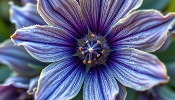 close up view of a meadow sage flower with deep indigo hues and soft hairy textures. photo