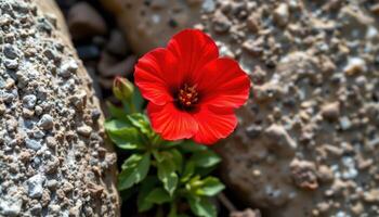 close up view of a flame red geranium blooming beside weathered stone with intense contrast. photo