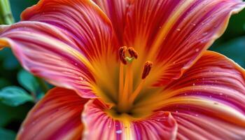 close up view of a flame lily with dramatic curling red and yellow petals. photo