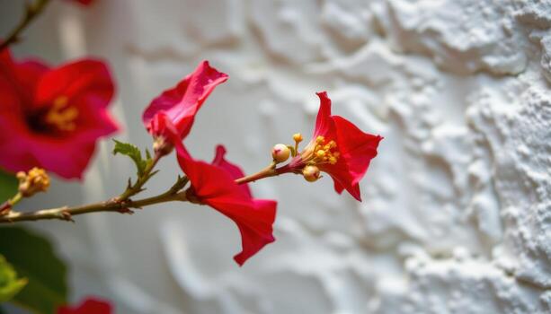 close up view of a red bougainvillea bract contrasted sharply against a whitewashed wall. photo