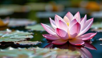 close up view of a blooming lotus flower with gentle reflections in the water below and fine detail in the petals. photo