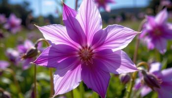 close up view of a violet columbine with sharp points and ruffled petals glowing in sunlight. photo