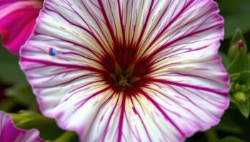 close up view of a striped petunia bloom with deep purple veins running through its petals. photo