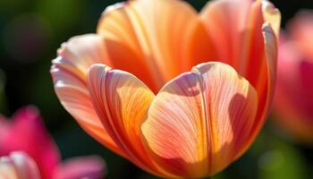 close up view of a delicate tulip with gradient petals shifting from orange to pink, bathed in warm afternoon light. photo