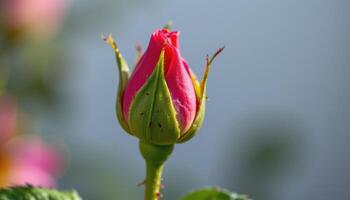 close up view of a rosebud just beginning to open, captured in sharp natural detail. photo