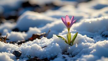 close up view of a tiny alpine flower emerging through melting snow, bathed in cool light. photo