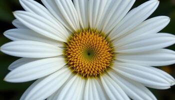 close up view of a daisy with perfectly symmetrical white petals surrounding a bright yellow center. photo