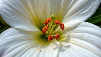 close up view of a white lily in full bloom with pollen covered stamens centered in crisp detail. photo