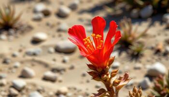 close up view of a desert paintbrush bloom with bold red bracts and dusty background. photo