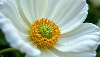 close up view of a white anemone blossom with a vibrant green and yellow center in sharp detail. photo