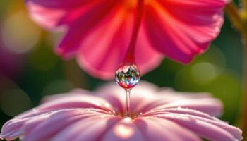 close up view of a water droplet balancing on a flower petal under bright morning light. photo