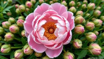 close up view of a newly opened peony surrounded by a sea of tightly packed green buds. photo