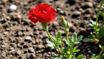 close up view of a red carnation blooming boldly in contrast to the muted soil behind it. photo