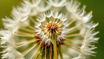 close up view of a delicate dandelion seed head poised for release into a soft breeze. photo
