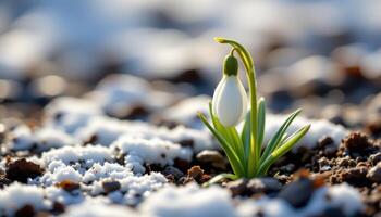 close up view of a single snowdrop emerging through frozen soil, its white petals glistening in early morning frost. photo