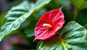 close up view of a single anthurium bloom glowing red against broad green leaves. photo