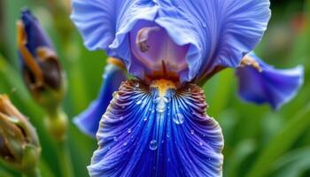 close up view of a blue iris flower blooming after rain, with drops collected in each fold. photo