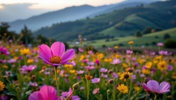 close up view of a meadow bloom against a backdrop of misty morning hills. photo