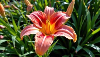 close up view of a daylily stretching open in the warmth of midday, surrounded by lush foliage. photo